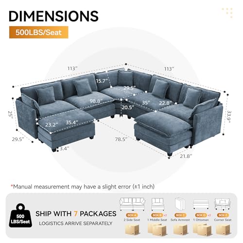 113'' V Shaped Cloud Sectional Sofa, Oversized Deep Seat Couches for Living Room, Chenille Comfy Upholstered Modular Sectional Sofa Couch with 2 Movable Ottoman, Blue - color: Blue, size: 113'' V Shaped+2 Ottoman