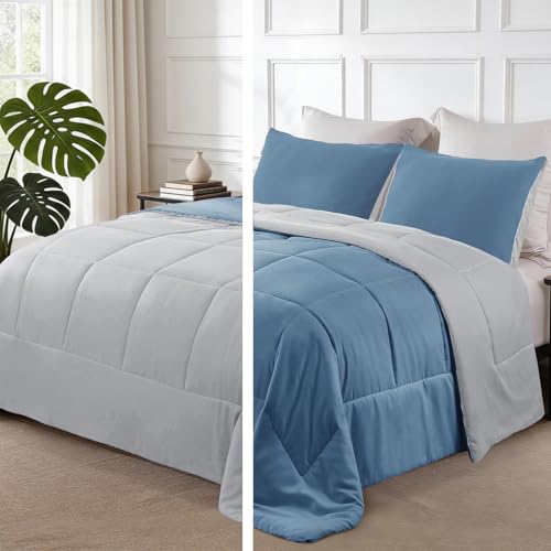 Exclusivo Mezcla Reversible Soft Twin Comforter Set, 2 Pieces | Grayish Blue Lightweight Microfiber Down Alternative Comforters, All-Season Bedding with 1 Pillow Sham - color: Bluish Grey/Light Grey, size: Twin(68''x88'')