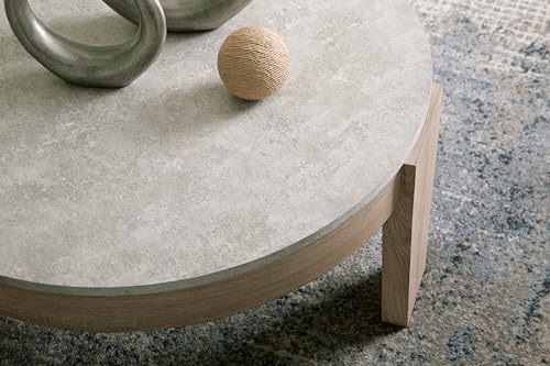Signature Design by Ashley Coffee Table Set of 3, Round, with End Tables | 3-piece coffee and end table sets with faux cement tops and wood grain finish frames, Casual style, Guystone Series