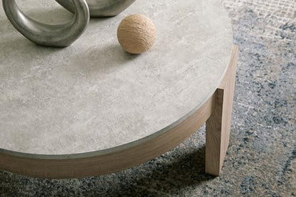 Signature Design by Ashley Coffee Table Set of 3, Round, with End Tables | 3-piece coffee and end table sets with faux cement tops and wood grain finish frames, Casual style, Guystone Series