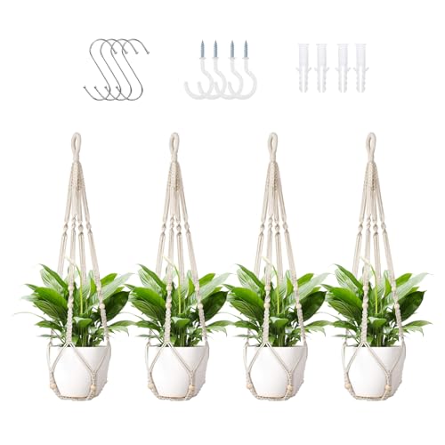 LEWESU Macrame Plant Hanger Indoor Set of 4 with 8 Hooks, Indoor Outdoor Hanging Planter for Plants Holder with Decorative Wood Beads & No Tassels, Boho Home Decor, 35 Inch Ivory (Pots Not Included) - color: Ivory, size: 35" Set of 4