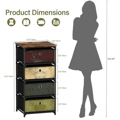 VASICAR Storage Unit with 4 Drawers, Fabric Nightstand, Wood Top | Clothes Organizer, Craft Storage Chest, Small Pattern Dresser for Bedroom, Closet, Nursery, Dorm - size: 11.8"D x 15.8"W x 30.7"H (4 Drawers)