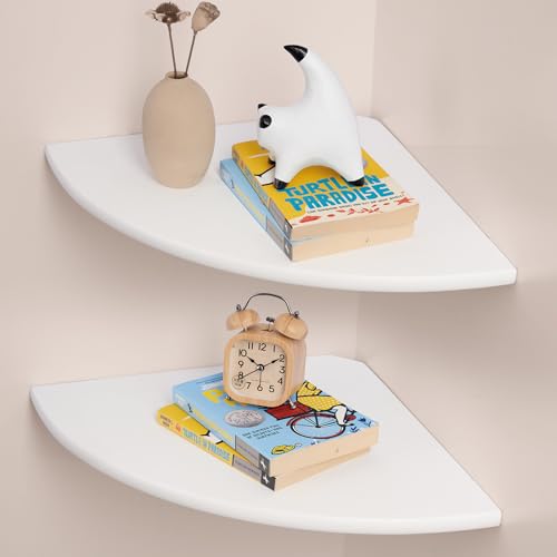 Gieanoo Floating Corner Shelves Set 2 12inch White Solid Oak Rounded Corner Shelves Wall Mounted with Cable Hole Wood Corner Hanging Shelves for Living Room Bedroom Bathroom Kitchen - color: White, size: 12in 2-Pack