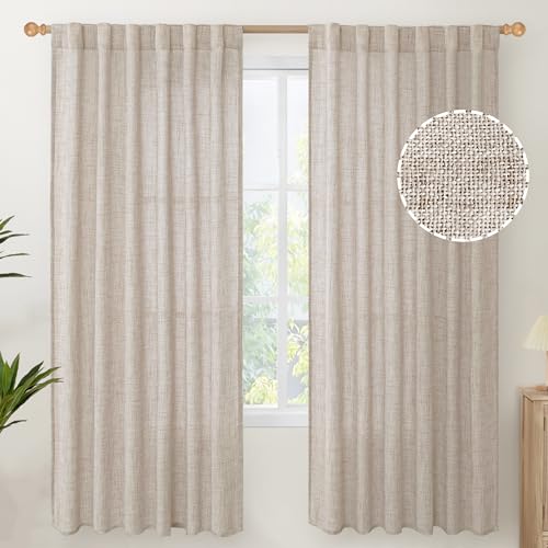 YoungsTex Linen Semi Sheer Curtains 72 Inch Length, Light Filtering Drapes | Beige Window Treatments with Rod Pocket Back Tab Rustic for Bedroom Dining Living Room, 2 Panels, 52 X 72 Inch - color: Natural, size: 52"W x 72"L (Pack of 2)