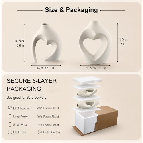 White Ceramic Flower Vase Home Table Decor Heart Shaped Vase Set of 2 | Boho Heart Shaped Minimalist Decorative Vases for coffee Table Centerpiece Wedding Dining Living Room Office House Decoration - color: Pearl White