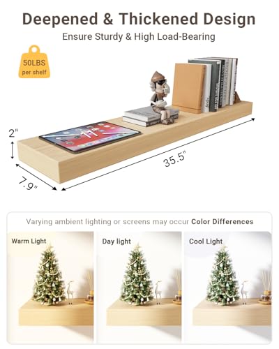 36 inch Long White Oak Floating Shelves for Wall, 8in Deep, Set 2 | 2" Thick Wood Wall Shelf, Heavy Duty Bracket, Bathroom Bedroom Kitchen Living Room, Non-tilting, 50LBS Capacity - color: White Oak, size: 35.5 x 7.9 x 2 (2pc)