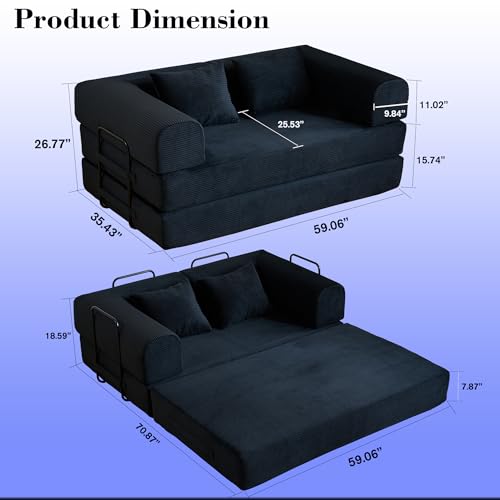 Convertible Sleeper Sofa Bed,Corduroy Folding Mattress Couch with Cylindrical Pillows,Metal Frame,High-Density Sponge,Reconfigurable Lounge Seat for Living Room Bedroom Apartment (Black,Loveseat) - color: Black, size: 59.06"L x 35.43"W x 26.77"H