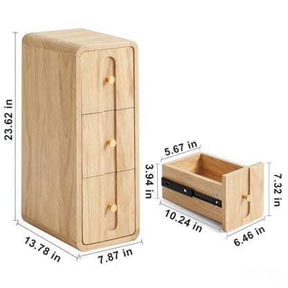 Narrow Nightstand with 3 Drawers, Small Bedside Table, Mid Century Modern Skinny Night Stand with Storage, Wood Slim Side Table for Bedroom, Small Spaces, Living Room (Natural-1pcs)
