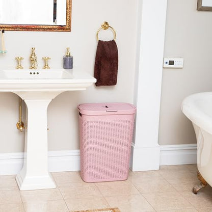 Mind Reader Slim Laundry Hamper with Lid, 40L Clothes Basket, Narrow Tapered Design with Ventilated Cutout Pattern, Plastic, Pink - color: Pink, size: Single