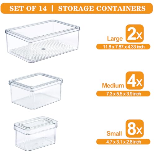 14Pack Fridge Organizer, Stackable Refrigerator Organizer Bins with Lids | BPA-Free Clear Plastic Storage Containers For Kitchen Cabinets, Fridge, Drinks, Fruits, Vegetables, Cereals, Counter Storage - size: 14-PACK