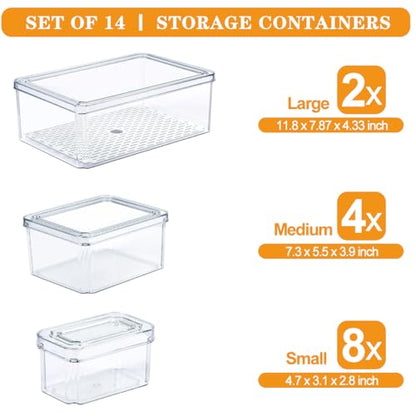 14Pack Fridge Organizer, Stackable Refrigerator Organizer Bins with Lids | BPA-Free Clear Plastic Storage Containers For Kitchen Cabinets, Fridge, Drinks, Fruits, Vegetables, Cereals, Counter Storage - size: 14-PACK