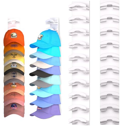 Hat Organizer for Baseball Caps 2Pack, Hat Rack for Wall with Strong Adhesive Hold up to 20 Hats, Hat Hanger Holder Display for Door Closet, Cap Organizer Storage Multilayer Two Mounting Option(White) - color: White, style: 2pcs-matte