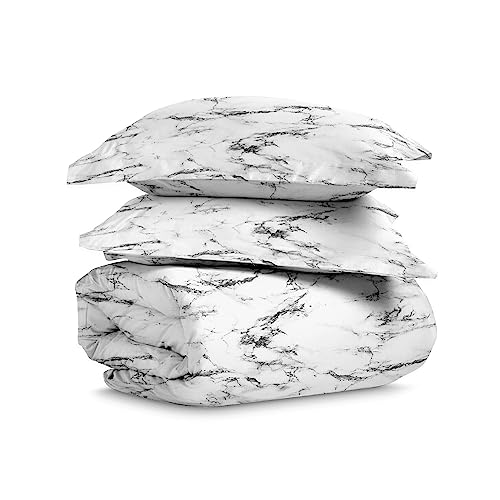 Pizuna 100% Cotton Marble Print Full Duvet Cover Set 400TC White | Long Staple Combed Cotton Sateen Weave 3 Piece Queen Comforter Cover Set Luxurious Breathable Cooling Bedding Set - color: 04 Marble White, size: Full