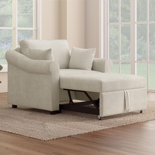 JIVOIT Convertible Sleeper Chair with Adjustable Backrest, 3-in-1 Sleeper Chair with Metal Frame, 3 in 1 Lounger Chair Turns Into Bed, Chenille Fabric Single Bed for Living Room (Beige,315) - color: Beige,315