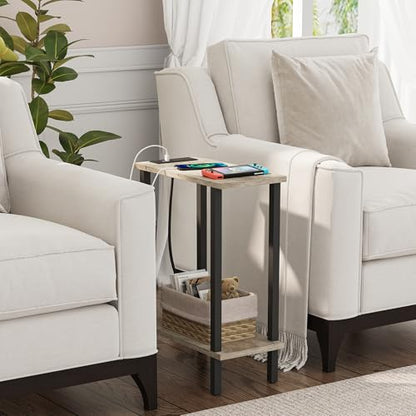 TUTOTAK Narrow Side Table, 2-Tier Small End Table with Charging Station | Skinny Sofa Table, Slim Nightstand, Easy Assembly for Living Room, Bedroom, Greige TB01BG060 - color: Greige, size: 2-tier
