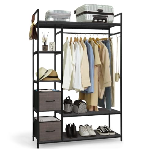 CAPHAUS 979lbs Capacity Heavy Duty Clothing Rack 48" W Metal Garment Rack with Drawers Hanging Rods and Wood Shelves Freestanding Closet Organizer, Black Board - color: Black, size: 48 Inch