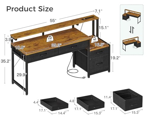 AODK Computer Desk with 4 Drawers, 55 Inch Office Desk with Printer Shelf & Built-in Power Outlet, Work Desk with Monitor Shelf for Home Small Spaces, Rustic Brown - color: Rustic Brown