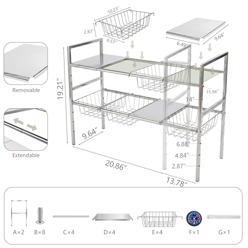 Under-Sink Organizer 2-Tier Expandable Cabinet Storage (4 panels 4 baskets) | LED Motion-Sensing Auxiliary Lighting Dial Thermometer Stainless Steel Telescopic & Adjustable Rust-Resistant - size: 4 panels 4 baskets