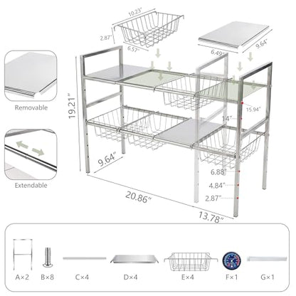 Under-Sink Organizer 2-Tier Expandable Cabinet Storage (4 panels 4 baskets) | LED Motion-Sensing Auxiliary Lighting Dial Thermometer Stainless Steel Telescopic & Adjustable Rust-Resistant - size: 4 panels 4 baskets