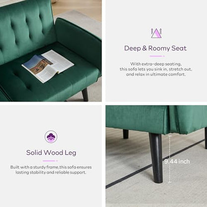 65'' Convertible Futon Sofa Bed with USB, Small Couch for Living Room | Sleeper Sofa and Loveseat, Adjustable Folding Couch with Tufted Design and 2 USB Ports, Bedroom Apartment Office, Green - color: Green