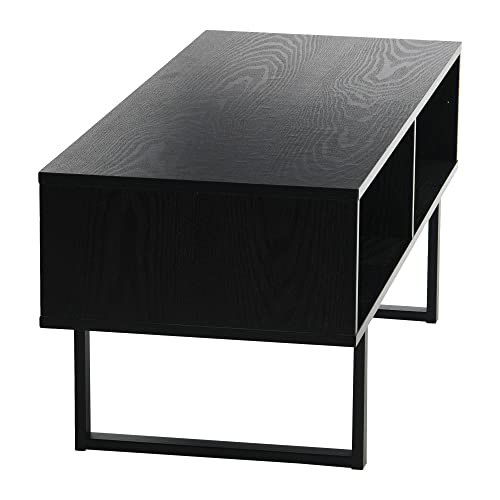 Household Essentials TV Stand Coffee Table with Rectangular Storage Compartments in Oak Wood Grain and Black Metal Frame, Black - color: Black