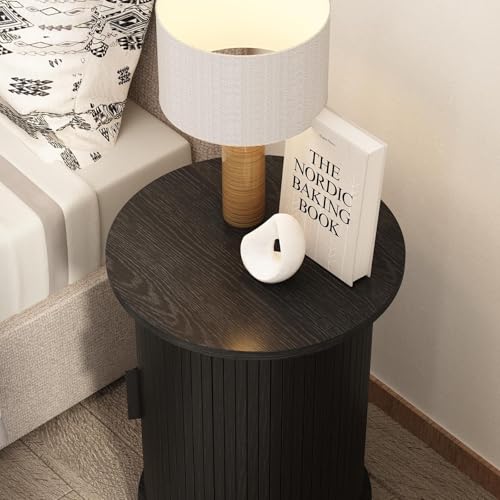 Wnutrees Round Fluted End Table, Small Accent Pedestal Side Table, Black | Wood Nightstand with Sliding Door & 2 Tier Shelf, Bedside Unit for Living Room, Bedroom - color: Black