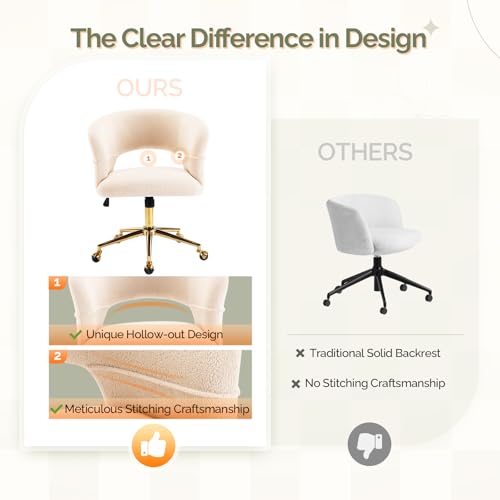 VINGLI Modern Curved Office & Vanity Desk Chair, Cute Upholstered Nail Chair with Wheels & 360° Swivel & Club & Tilting & Gold Base, for Living Room,Bedroom,Makeup, Velvet Chenille, Beige - color: Beige