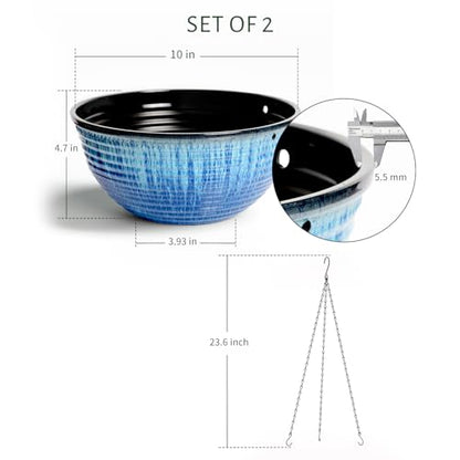 10 Inch Hanging Planters, Glazed Hanging Basket with Drainage Holes, 2 Pack | Ceramic-Look Hanging Flower Pots with Chain Plant Hangers, Blue Flow Glaze - color: Blue Flow Glaze, size: 10inch