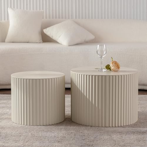 Nesting Coffee Table Set of 2, Round Wood Coffee Table and End Table Sets, Modern Double Circle Modular Accent Center Tea Table for Living Room Bedroom, （Beige + Cream, 27.56" & 19.69" - color: 27.56" & 19.7"-beige