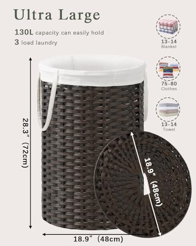 SETVSON Large Laundry Hamper Laundry Basket, Round PE Rattan, Brown | 130L Extra Large Handwoven Basket, Open Top, Removable Washable Liner Bag, 2 Mesh Laundry Bags, Side Long Handles - color: Brown, size: 130 L