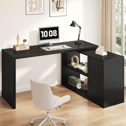 HSH 55-76 Inch Black Farmhouse L Shaped Desk with Drawers 360 Rotating | Office Desk Conner Coumputer Desk With storage Long For Work,Executive,Study,Writing,Teacher,Bedroom,Modern Gaming Table - color: Black