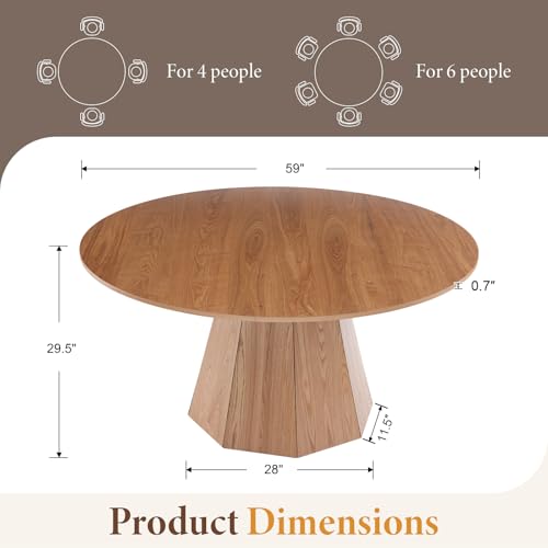 59'' Round Dining Table for 4-6, Modern Pedestal Kitchen Table Circle Wood Natural Grain Finish Grain Tabletop Dinner Table Kitchen Table, Natural Wood - color: Natural Wood, 59” Round