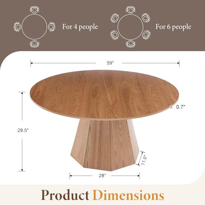 59'' Round Dining Table for 4-6, Modern Pedestal Kitchen Table Circle Wood Natural Grain Finish Grain Tabletop Dinner Table Kitchen Table, Natural Wood - color: Natural Wood, 59” Round