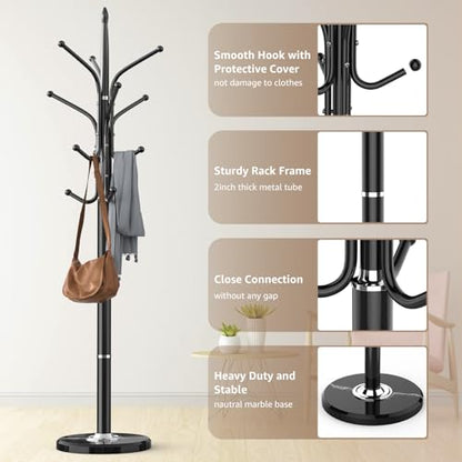 HzTinT Heavy Duty Coat Rack with Marble Base, 12 Hooks, Adjustable Heights | Freestanding Coat Tree, Metal Coat Stand, For Coats, Bags & Hats in Entryway, Black