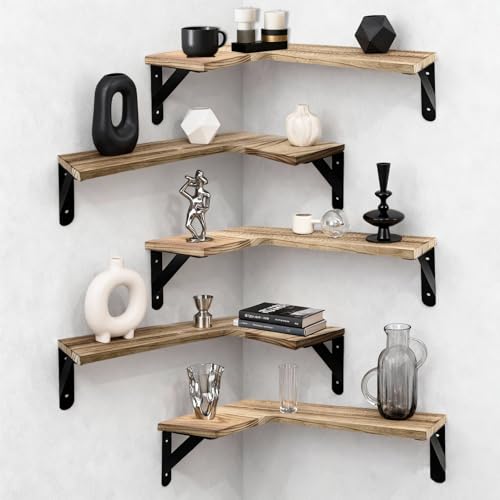 5 Pcs Corner Floating Shelves Set,Wood Wall Mount Corner Shelf | for Wall Room Kitchen Bedroom Bathroom,L-Shaped Wood Shelves Storage Display for Home Decor(Lightly Burnt Brown)