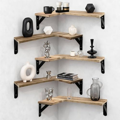 5 Pcs Corner Floating Shelves Set,Wood Wall Mount Corner Shelf | for Wall Room Kitchen Bedroom Bathroom,L-Shaped Wood Shelves Storage Display for Home Decor(Lightly Burnt Brown)