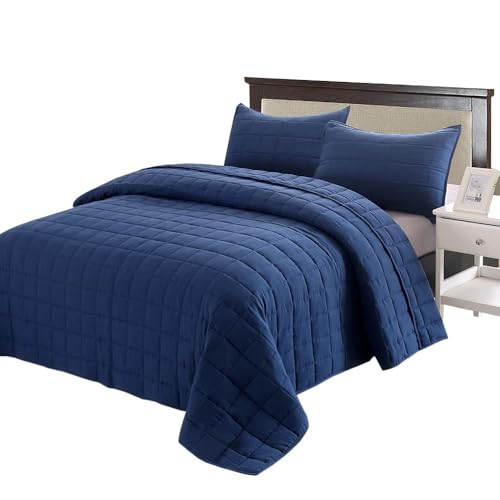 EMME Quilts Queen Size Bedding Sets Navy Blue Bedspread, Soft Lightweight Pre-Washed Bed Set, 3 Piece Cozy Reversible Microfiber Bed Coverlet with Pillow Sham(Square Pattern,90"x90") - color: 01-navy (Squares Pattern), size: Full/Queen(90" x 90")