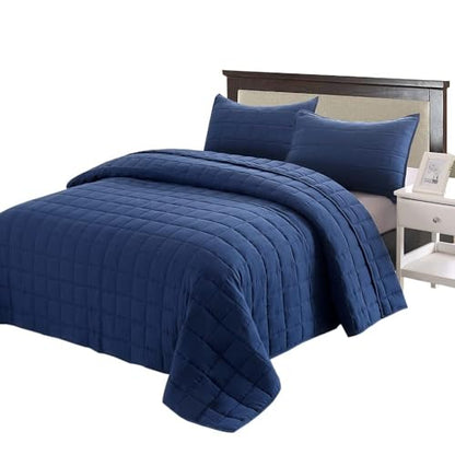 EMME Quilts Queen Size Bedding Sets Navy Blue Bedspread, Soft Lightweight Pre-Washed Bed Set, 3 Piece Cozy Reversible Microfiber Bed Coverlet with Pillow Sham(Square Pattern,90"x90") - color: 01-navy (Squares Pattern), size: Full/Queen(90" x 90")