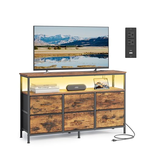 SONGMICS BELLAH Collection - Dresser for Bedroom, Chest of Drawers, TV Stand for TVs Up to 55 Inches, Living Room, Closet, 6 Drawers and 1 Shelf, Industrial, Rustic Brown and Ink Black ULGS833KD02S - color: Rustic Brown + Ink Black, size: 11.8"D x 44.8"W