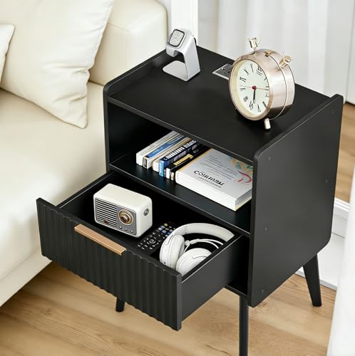 MAHANCRIS Black Nightstand with Charging Station, Modern Bedside Table with Drawer and Storage Shelf, End Side Table with Solid Wood Legs, Night Stand, Living Room, Bedroom, Small Space, ETBK61E01 - color: Black