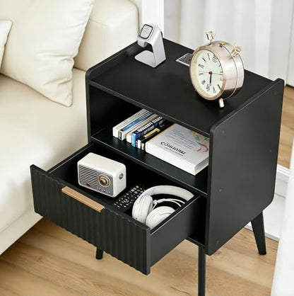 MAHANCRIS Black Nightstand with Charging Station, Modern Bedside Table with Drawer and Storage Shelf, End Side Table with Solid Wood Legs, Night Stand, Living Room, Bedroom, Small Space, ETBK61E01 - color: Black