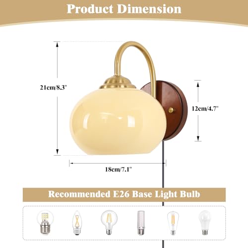 KCO Lighting Plug in Wall Sconces Set of Two Vintage Farmhouse Gold Wall Sconces Mid Century Modern Glass Wall Sconce Plug in Bedroom Wall Lights Set of 2 - color: Yellow-2PC