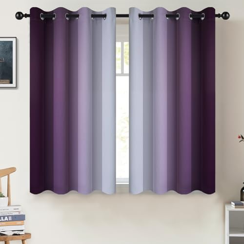 COSVIYA Grommet Room Darkening Ombre Purple Curtains W52xL45 inch | Purple and Greyish White Gradient Drapes, Light Blocking, Insulated Thermal Window Curtains for Bedroom/Living Room,2 Panels - color: Purple to Grayish White, size: 52"W x 45"L (Pack of 2