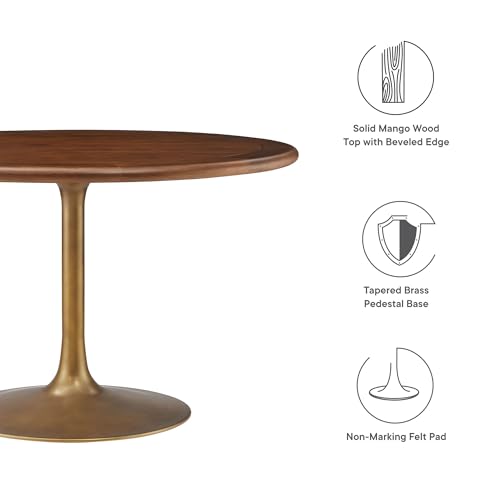 Modway Lippa 48 Inch Round Wood Dining Table with Metal Pedestal in Brass Walnut - Modern Industrial Dining Table for 4 People - Solid Wood Tulip Kitchen Table - color: Brass Walnut, size: 48" Round