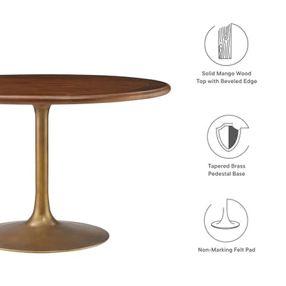 Modway Lippa 48 Inch Round Wood Dining Table with Metal Pedestal in Brass Walnut - Modern Industrial Dining Table for 4 People - Solid Wood Tulip Kitchen Table - color: Brass Walnut, size: 48" Round