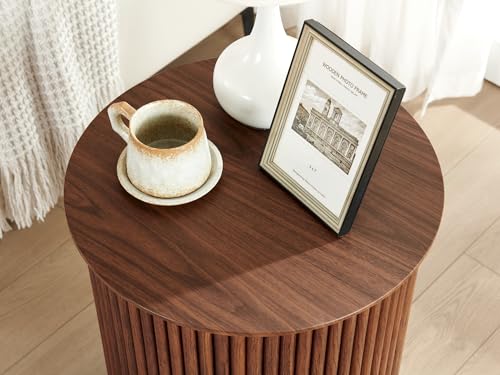 Round Fluted Side Table Set of 2, 17.7" Mid-Century Modern End Tables, Wooden Bedside Table Round Nightstand Small Circle Sofa Accent Table for Living Room, Bedroom Home(Walnut) - color: Walnut, size: 17.7"D x 17.7"W x 21.6"H