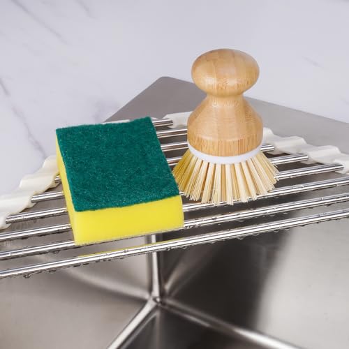 Tomorotec Triangle Roll-Up Dish Drying Rack Sink Corner Small Foldable Stainless Steel Over The Sink Multipurpose Kitchen Drainer Caddy Organizer Storage Shelf Holder (Coconut Milk White) | BPA-Free Food-Grade Silicone Edges Foldable Waterproof Rustproof
