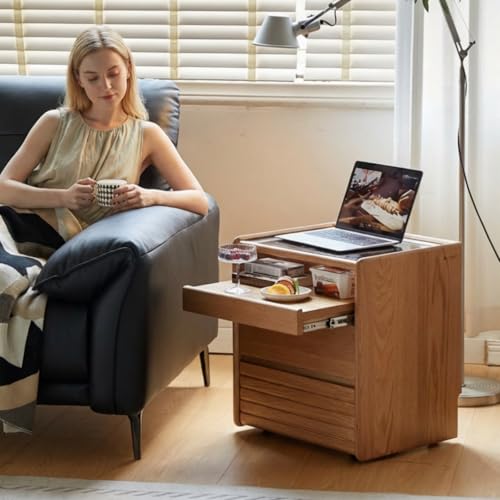 Solid Oak Nightstand with Hidden Drawers, Natural Wood Night Stand with Wheels, Rolling Bedside Table with Glass Tabletop and Open Shelf, Modern Nightstand for Bedroom, Living Room(25.59" H) - color: Natural, size: 1 pc(13.78"D x 19.69"W x 25.59"H )