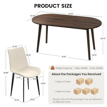 63" Oval Dining Table Set for 4 with Solid Wood Legs | 5 Piece Walnut Dining Table Set for Kitchen and Dining Room Furniture, 4 PU Beige Dining Chairs, Mid Century Modern - color: Walnut Table Beige Chairs