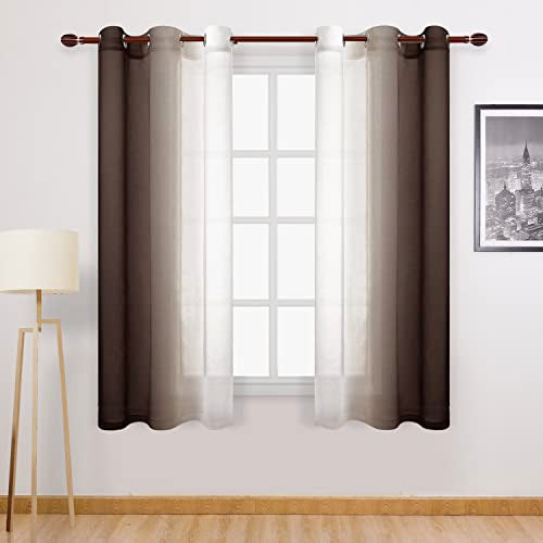 DWCN Brown Faux Linen Ombre Sheer Curtains - Gradient Semi Voile Curtains for Bedroom and Living Room, Set of 2 Grommet Top Window Curtain Panels, 42 x 63 Inches Long, Chocolate Brown - color: Chocolate Brown, size: 42"W x 63"L (Pack of 2)